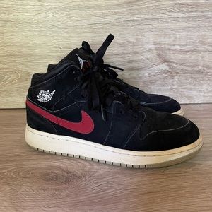 Jordan 1 mid size 6Y red and blue accent on black shoes